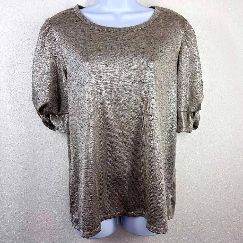 Kim & Cami Puff-sleeve pewter metallic Twist-sleeve blouse, M